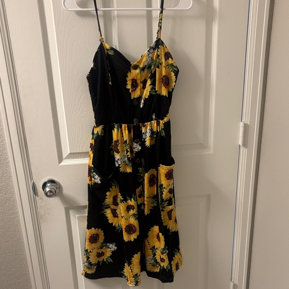 Floral Sunflower Black Midi Dress